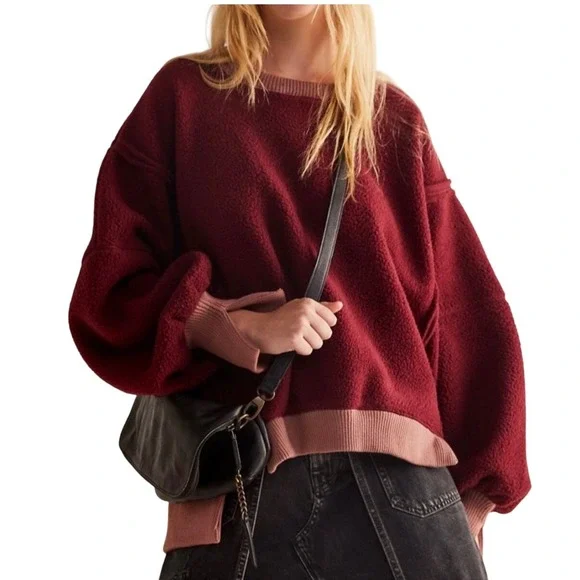 We The Free Cozy Camden Sweatshirt Fuzzy Fleece Mulberries Balloon Sleeve XS - Picture 1 of 8